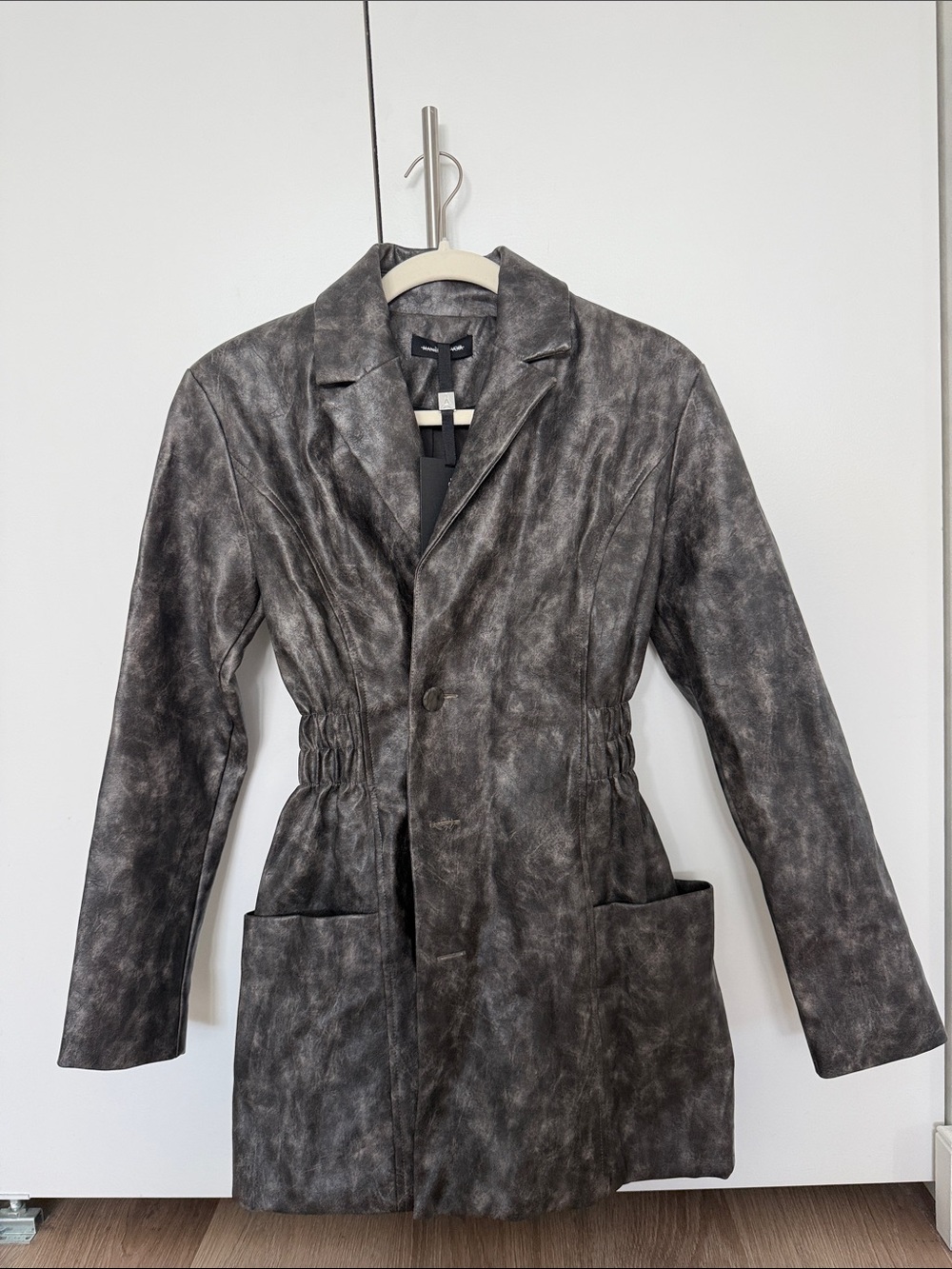 Maniere De Voir Women's Distressed Faux-Leather Long Jacket in Charcoal Gray